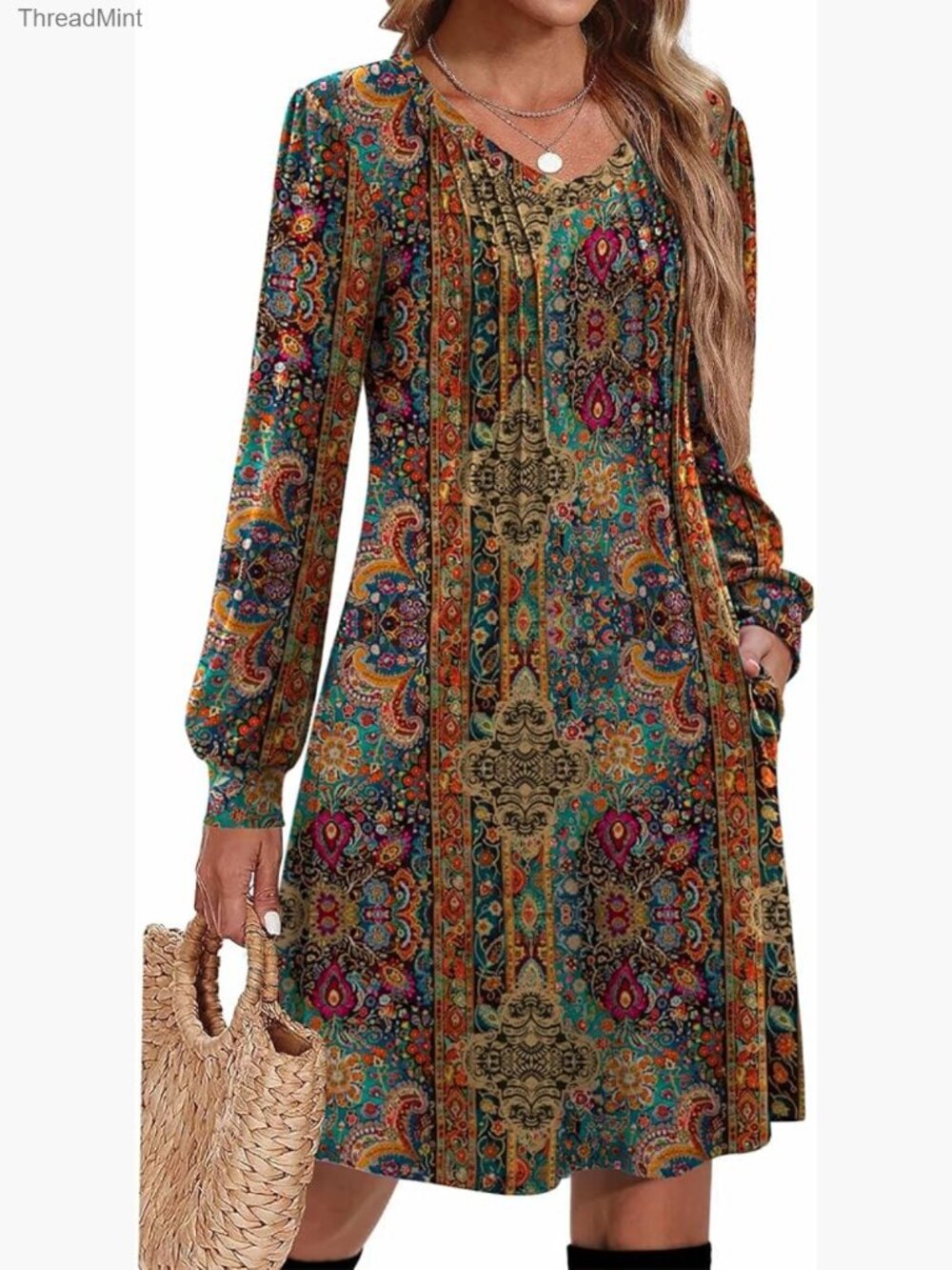 Long Sleeve Pleated V-Neck A-Line Tunic Dress with Pockets